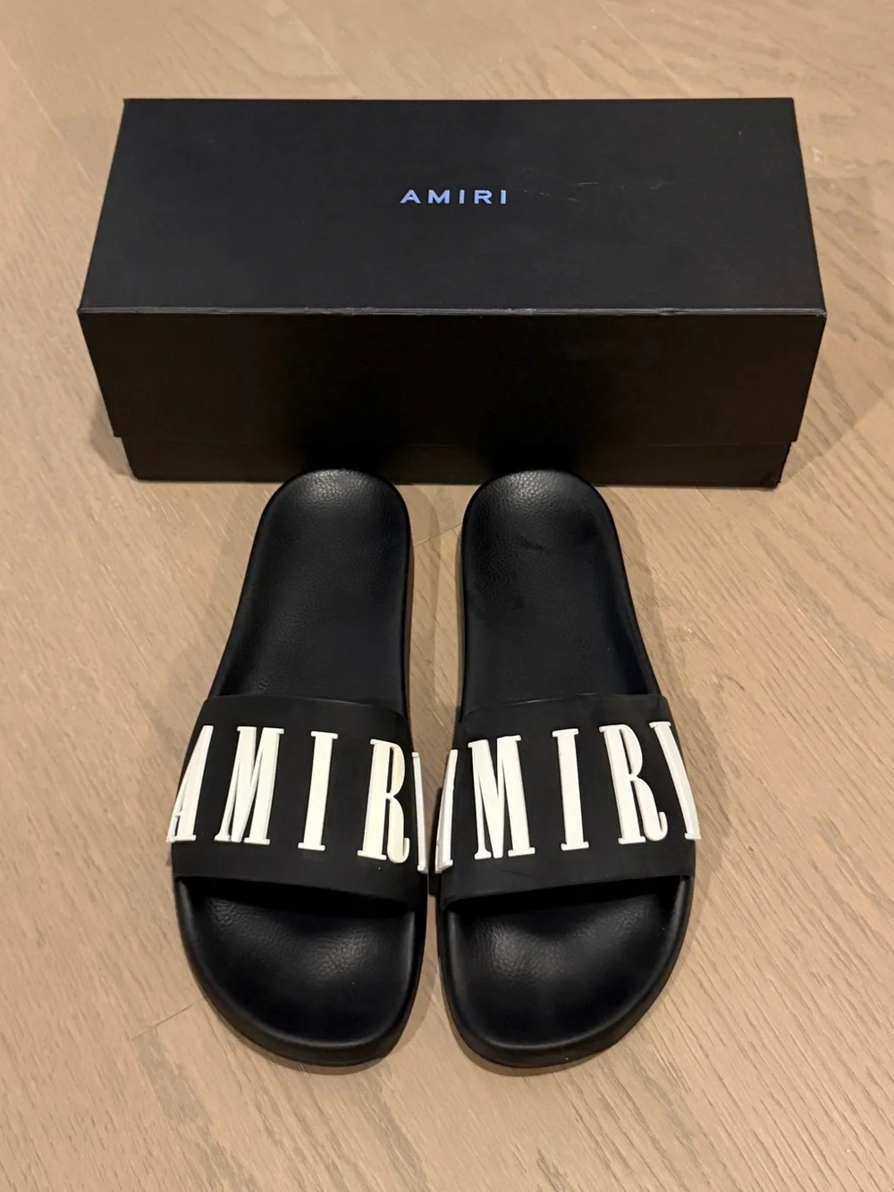 AMIRI Black Slides with White Logo Strap
